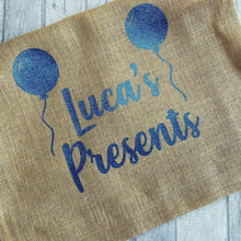Load image into Gallery viewer, Personalised Presents Birthday Balloons Hessian Gift Sack