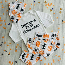 Load image into Gallery viewer, Personalised First Halloween Romper Set Complete With Halloween Print Pants and Hat