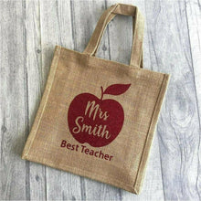 Load image into Gallery viewer, Personalised 'Best Teacher' Lunch Bag, Apple Design, Hessian/ Burlap Bag