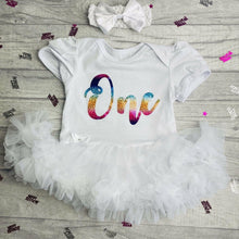 Load image into Gallery viewer, Baby Girl’s 1st Birthday Tutu Romper Rainbow One Design With Matching Bow Headband