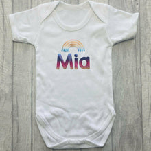 Load image into Gallery viewer, Personalised Short Sleeved White Romper with Rainbow Design, Rainbow Baby