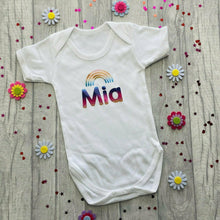 Load image into Gallery viewer, Personalised Short Sleeved White Romper with Rainbow Design, Rainbow Baby - Little Secrets Clothing