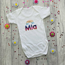 Load image into Gallery viewer, Personalised Short Sleeved White Romper with Rainbow Design, Rainbow Baby