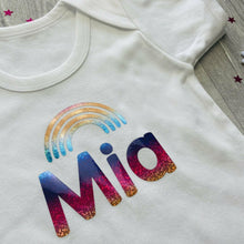 Load image into Gallery viewer, Personalised Short Sleeved White Romper with Rainbow Design, Rainbow Baby