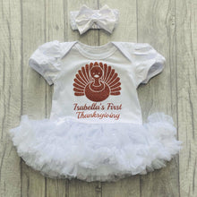 Load image into Gallery viewer, Personalised Baby Girl First Thanksgiving Tutu Romper with Matching Bow Headband Turkey Design