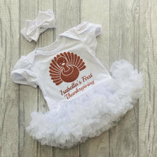 Load image into Gallery viewer, Personalised Baby Girl First Thanksgiving Tutu Romper with Matching Bow Headband Turkey Design