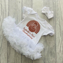 Load image into Gallery viewer, Personalised Baby Girl First Thanksgiving Tutu Romper with Matching Bow Headband Turkey Design