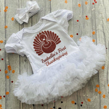 Load image into Gallery viewer, Personalised Baby Girl First Thanksgiving Tutu Romper with Matching Bow Headband Turkey Design