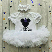Load image into Gallery viewer, Personalised 1st Halloween Baby Girl Minnie Mouse Witch Tutu Romper
