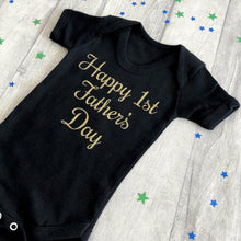 Load image into Gallery viewer, Happy 1st Father's Day Short Sleeve Black Romper Gold Text