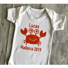 Load image into Gallery viewer, Baby boy personalised crab holiday short sleeve romper