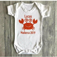 Load image into Gallery viewer, Baby boy personalised crab holiday short sleeve romper