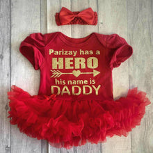 Load image into Gallery viewer, Personalised Baby Girl has a hero and his name is Daddy tutu romper with matching headband