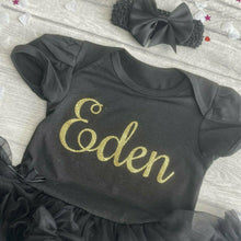 Load image into Gallery viewer, Personalised Name Gold Glitter Baby Girl Tutu Romper With Matching Bow Headband