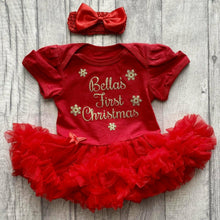 Load image into Gallery viewer, 'First Christmas' Personalised Baby Girl Tutu Romper With Matching Bow Headband, Gold Snowflake Design
