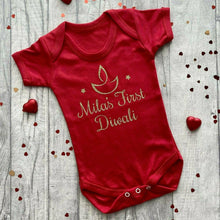 Load image into Gallery viewer, Personalised First Diwali Baby Short Sleeve Romper, 1st Hindu Diwali, Celebration Romper With Traditional Diya