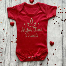 Load image into Gallery viewer, Personalised First Diwali Baby Short Sleeve Romper, 1st Hindu Diwali, Celebration Romper With Traditional Diya