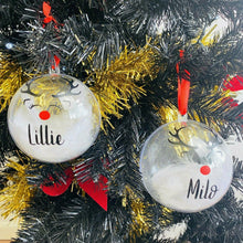 Load image into Gallery viewer, Personalised Reindeer Design Christmas Bauble with Rudolph Nose, Hand-Made & Feather Filled