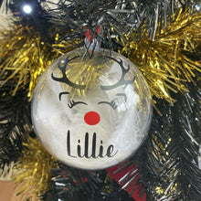 Load image into Gallery viewer, Personalised Reindeer Design Christmas Bauble with Rudolph Nose, Hand-Made & Feather Filled