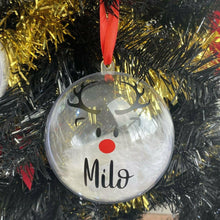 Load image into Gallery viewer, Personalised Reindeer Design Christmas Bauble with Rudolph Nose, Hand-Made & Feather Filled