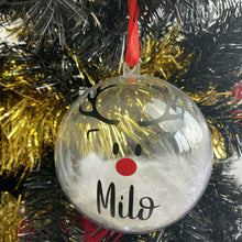 Load image into Gallery viewer, Personalised Reindeer Design Christmas Bauble with Rudolph Nose, Hand-Made & Feather Filled