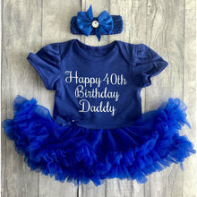 Load image into Gallery viewer, Baby Girls Royal Blue Tutu Romper with Bow Headband above. The tutu romper features white glitter script lettering saying Happy 40th Birthday Daddy.