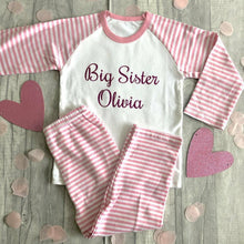 Load image into Gallery viewer, Big Sister Personalised Name Pink and White Stripe Girls Pyjamas