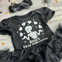 Load image into Gallery viewer, Personalised Funny Bones First Halloween Tutu Romper, Baby Girls Skeleton Outfit