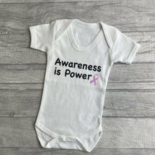 Load image into Gallery viewer, 'Awareness Is Power' Short Sleeved White Romper, Breast Cancer Awareness