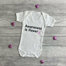 Load image into Gallery viewer, 'Awareness Is Power' Short Sleeved White Romper, Breast Cancer Awareness