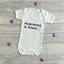 Load image into Gallery viewer, 'Awareness Is Power' Short Sleeved White Romper, Breast Cancer Awareness