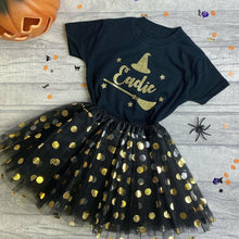 Load image into Gallery viewer, Personalised Witch T-shirt with Matching Black & Gold Tutu 1-6 years, Halloween