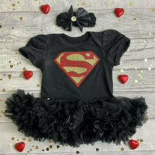 Load image into Gallery viewer, Baby Girl Superman Tutu Romper With Matching Bow Headband, Baby Superhero Dress