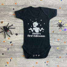 Load image into Gallery viewer, Personalised First Halloween Skeleton Romper, Baby Boy Funny Bones Outfit
