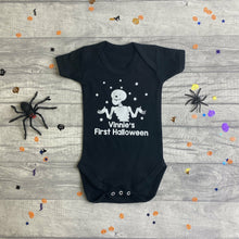 Load image into Gallery viewer, Personalised First Halloween Skeleton Romper, Baby Boy Funny Bones Outfit