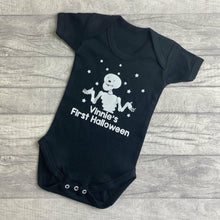 Load image into Gallery viewer, Personalised First Halloween Skeleton Romper, Baby Boy Funny Bones Outfit