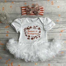 Load image into Gallery viewer, Personalised First Thanksgiving Tutu Romper with a Matching Glitter Bow Headband