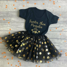 Load image into Gallery viewer, Sweeter Than Pumpkin Pie Black Romper with Matching Polka Dot Tutu Skirt