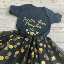 Load image into Gallery viewer, Sweeter Than Pumpkin Pie Black Romper with Matching Polka Dot Tutu Skirt