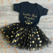 Load image into Gallery viewer, Sweeter Than Pumpkin Pie Black Romper with Matching Polka Dot Tutu Skirt