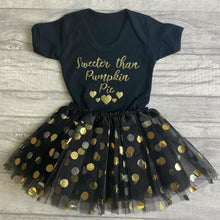 Load image into Gallery viewer, Sweeter Than Pumpkin Pie Black Romper with Matching Polka Dot Tutu Skirt
