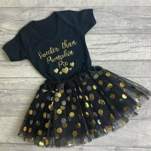 Load image into Gallery viewer, Sweeter Than Pumpkin Pie Black Romper with Matching Polka Dot Tutu Skirt