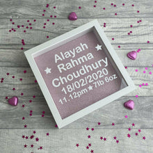 Load image into Gallery viewer, Newborn Baby Box Frame Gift, Glitter Background (Name, DOB, Time & Weight)