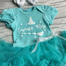 Load image into Gallery viewer, Witch Hat And Broom Baby Girl Personalised Tutu Romper With Matching Bow Headband, Halloween