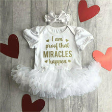 Load image into Gallery viewer, I am proof that miracles happen baby girl tutu romper matching bow and headband