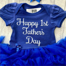 Load image into Gallery viewer, Happy 1st Father's Day Baby Girl Tutu Romper With Matching Bow Headband, White Text