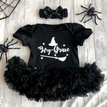 Load image into Gallery viewer, Witch Hat And Broom Baby Girl Personalised Tutu Romper With Matching Bow Headband, Halloween