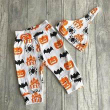 Load image into Gallery viewer, Baby Boy Halloween Outfit, I'm So Cute It's Scary Romper, Pumpkin Print Pants and Hat