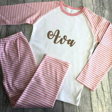 Load image into Gallery viewer, Personalised Curly Font Name pink and white girls pyjamas