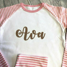 Load image into Gallery viewer, Personalised Curly Font Name pink and white girls pyjamas